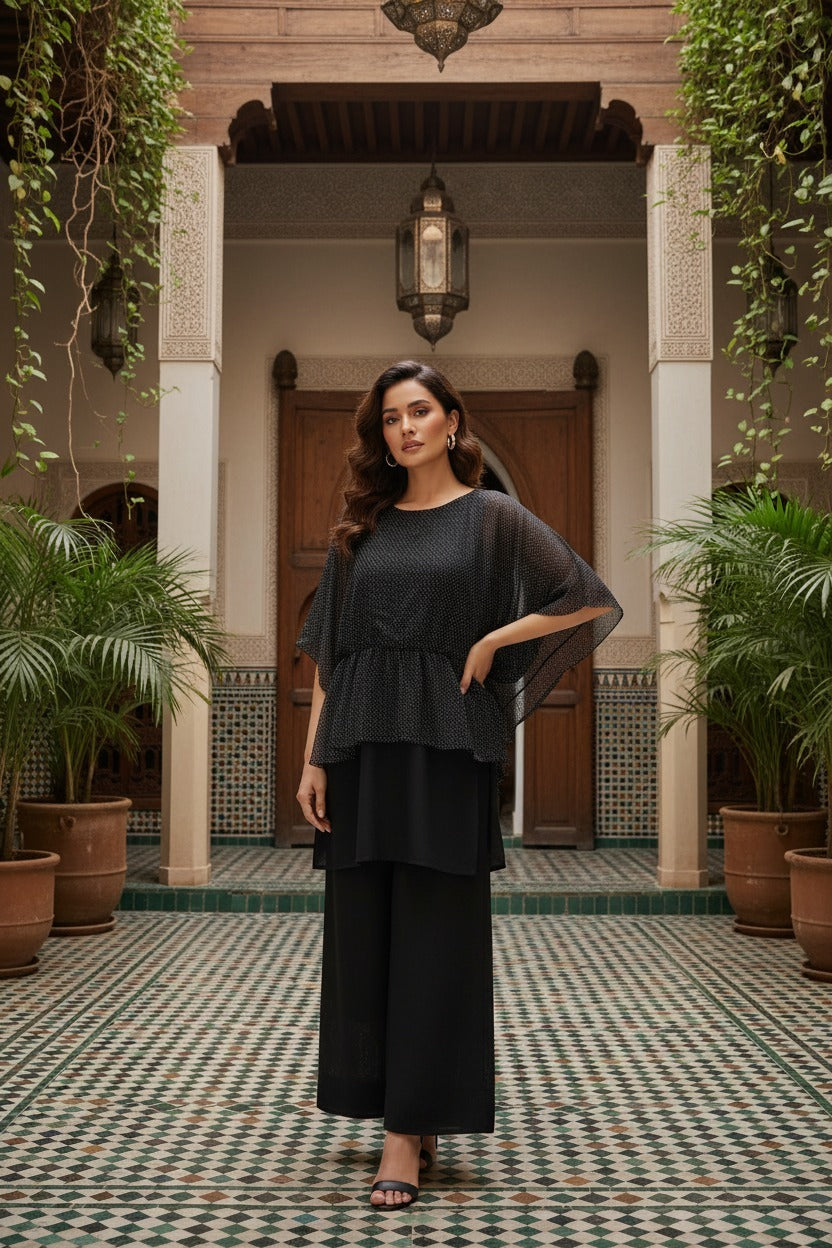 Black Lurex Chiffon Cape & Wide-Leg Trouser Set