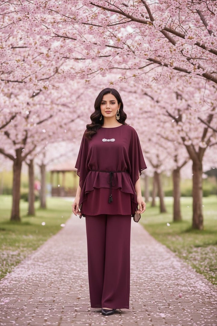 Plum Blossom 3-Piece Suit with Brooch Detail
