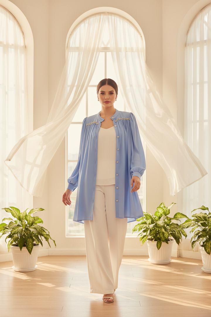 Sky Blue Crystal Embroidered 3-Piece drees